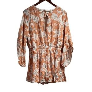 Blush Peach Floral Print Romper Bell Sleeve Large